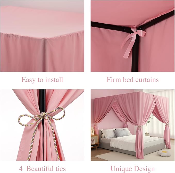 Black Canopy Bed Curtains - 4 Corner Post Bed Curtains Full Lightproof Drapes Bed Canopy with Top Ties and Tie Backs for Adults & Girls Bedroom Decoration(Pink,Full)