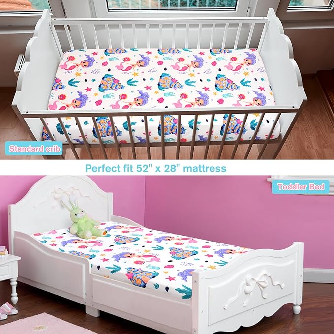 JISEN Baby Crib Sheets Soft Breathable Fitted Crib Sheets Baby Sheet for Standard Crib and Toddler Mattress Baby Bed Sheets for Crib for Baby Boys Girls Neutral 52x28 Inch White Mermaids