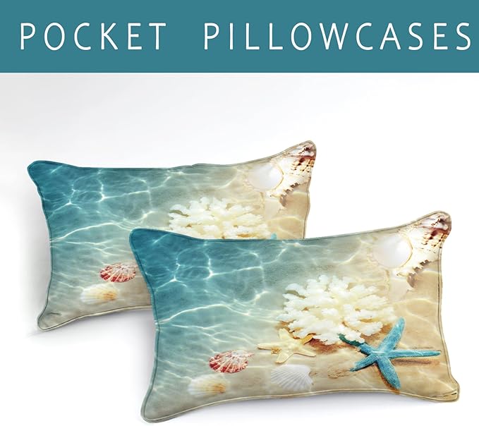 Bedbay Beach Comforter Twin Size Bed Coastal Bedding Set 3 Pieces Soft Microfiber Fluffy Comforter Set Sea Life Starfish Beach Style Comforter Set for All Seasons(Coastal,Twin)