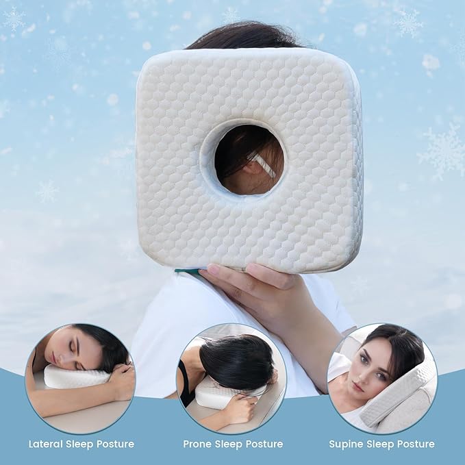 Ear Pillow with Ear Piercing for Side Sleeping, Ear Hole Memory Foam Cooling Pillows for CNH and Ear Pain Ear Inflammation Pressure Sores, Travel, White