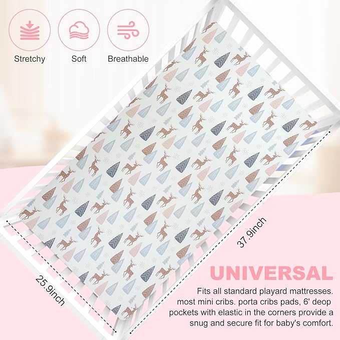 Pack n Play Sheets 2 Piece Mini Crib Sheets Stretch Play Sheets Portable Bed Sheet Soft Fitted Sheet Breathable Elastic Convertible Playard Cover Compatible with Graco Pack n Play Deer Park