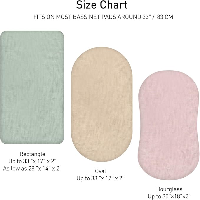 Muslin Bassinet Fitted Sheets, 2 Pack for Baby Boy and Girl, Soft Breathable Baby Pad/Mattress Sheet, Fit for Hourglass Oval and Rectangle Bassinet Mattress (Gentle Colors, Bassinet Sheets 2 Pack)