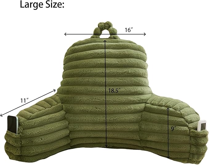 WERDIM Reading Pillow for Sitting in Bed, Faux Fur Back Pillow for Bed Rest, Bed Chair Pillow with Arms and Pockets(Large, Sage)