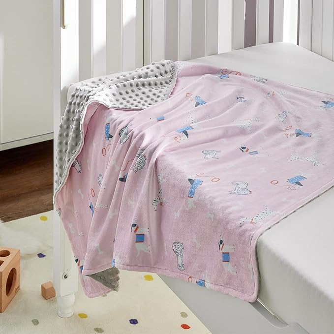 DaysU Silky Micro Soft Plush Baby Blankets for Girls with Print Animal Pattern and Soothing Raised Dots, Double Layer Bed Throws for Toddler Cot, Puppy, Pink, 50x60 Inches