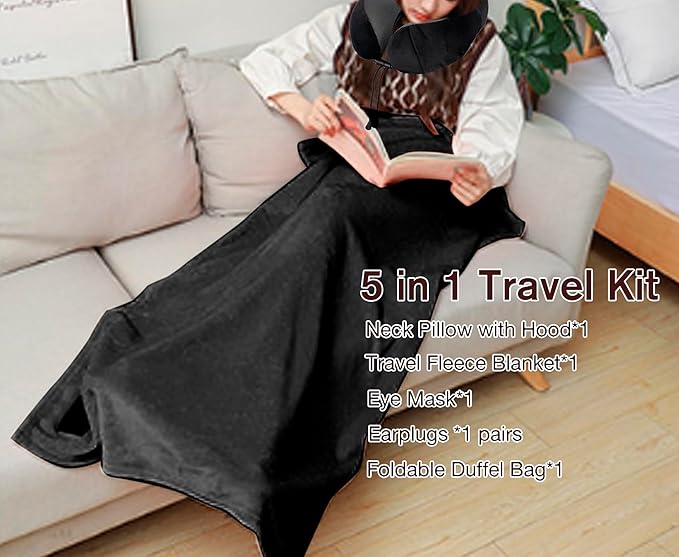 Travel Blanket Pillow Set - Travel Neck Pillow & Blanket for Airplane, Thick Fleece Traval Blanket, Hooded Memory Foam Neck Pillow, Foldable Duffel Bag, Sleep Mask, Earplugs for Plane Travel, Black