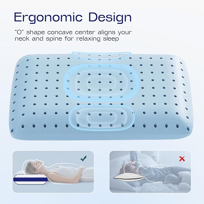 Memory Foam Soft Pillows for Sleeping - Cooling Bed Pillows for Hot Sleepers with Machine Washable Pillowcase - Ergonomic Memory Foam Pillow for Back Side Stomach Sleepers (Blue)