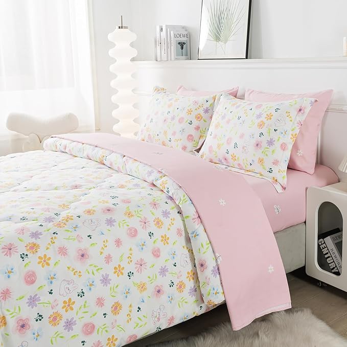 Wajade Floral Comforter Set Bed in A Bag Twin Size 7 Piece Pink Botanical Flower and Green Leaves Bedding Set for Girls (1 Comforter, 1 Flat Sheet, 1 Fitted Sheet, 2 Pillowcase and 2 Pillow Sham)