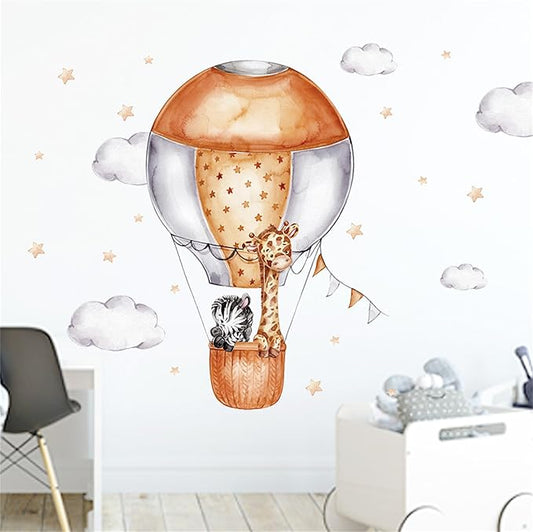 Waterproof Removable Vinyl PVC Hot Air Balloon Zebra Giraffe Safari Animal Wall Decal Wall Sticker Decor Wallpaper Peel Art for Nursery Kidsroom School Classroom Livingroom Bedroom Bathroom