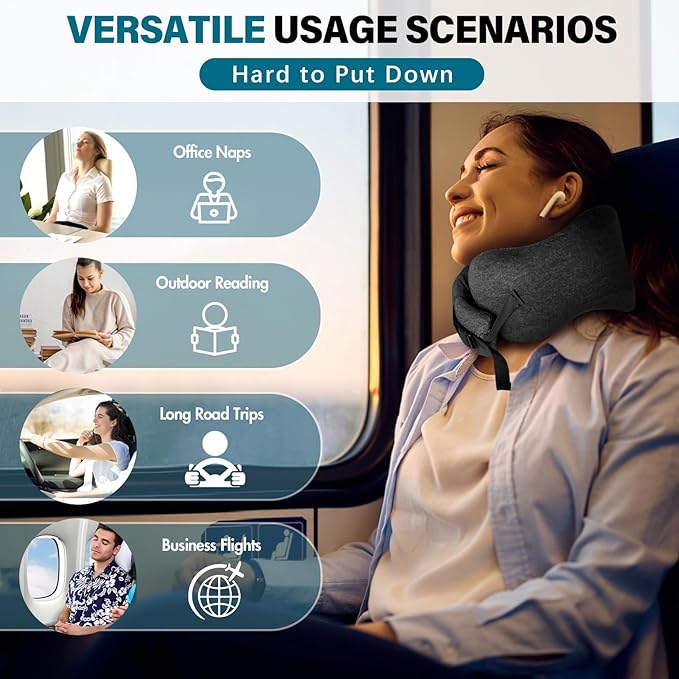 PORTHOLIC 2024 Upgraded Travel Neck Pillow with Buckle,100% Pure Memory Foam Travel Neck Pillow for Airplane Travel Flight Headrest Sleep, Portable Plane Accessories(Dark Grey)