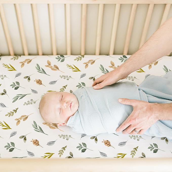 ACRABROS Crib Sheets for Girl Boy: Stretchy Baby Fitted Crib Mattress Sheets Sets 2 Pack Standard Size Ultra Soft Neutral, Rose&Leaf