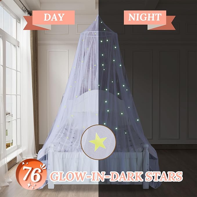 South to East Bed Canopy with Fluorescent Stars Glow in Dark for Kids, Girls Or Adults, Starry Night Bed Canopy Fit Kid Beds, Girls Beds, Twin Or Full Size Beds, Fire Retardant Fabric