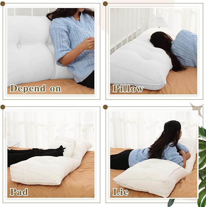 Wenqik Wedge Pillow Triangular Dorm Headboard Bed Rest Reading Backrest Back Support Long Bolster Pillow with Removable Cover for Dorm Room Supplies(White,Queen (59 x 20 x 8 Inch))