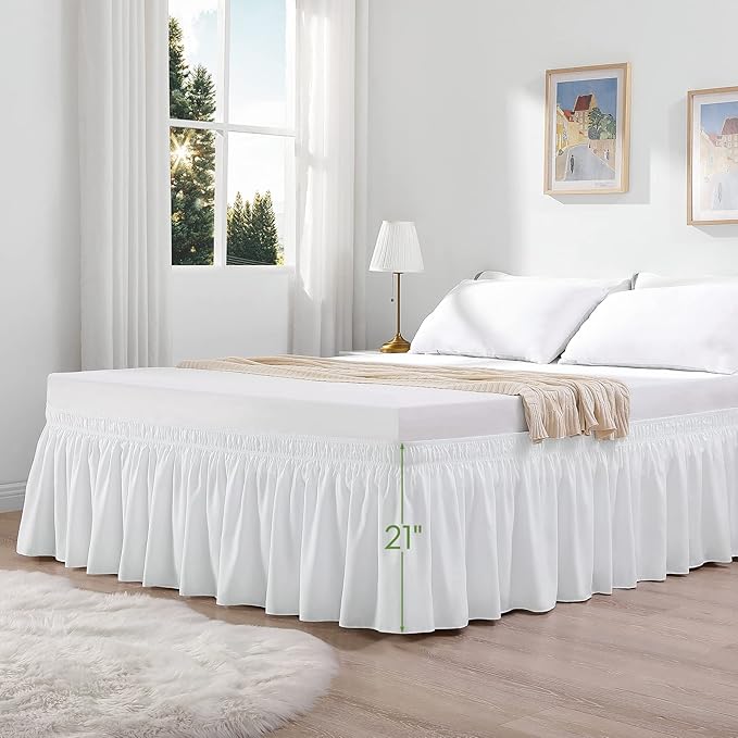 RIMELA Bed Skirting Queen Size White Bed Skirt 21 Inch Drop, Wrap Around Elastic Adjustable Bedskirt, Dust Ruffle for Bed Frame & Box Spring Soft Durable Fabric Machine Washable Easy to Install