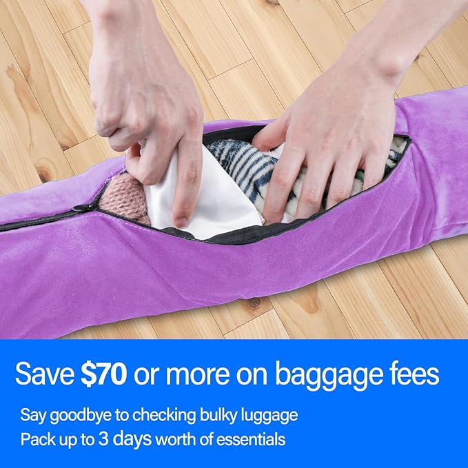Travel Pillow You Stuff with Clothes, Stuffable Travel Pillow Transforms Into Extra Luggage Without Excess Fees, Stuffable Neck Pillow No Filler Fits 3+ Days of Travel Essentials Purple