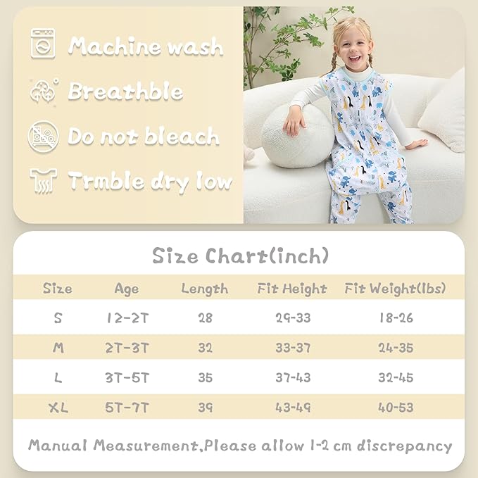 WONDAY Toddler Sleeping Sack, Sleep Sack 3t-5t, Sleep Sack with Legs Baby Wearable Blanket, Toddler Sleep Sacks with Feet, Sleeveless Cotton Sleep Sack for Early Walkers