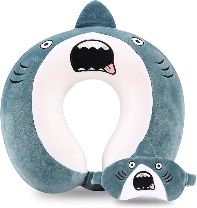 Kids Neck Pillow for Travel with Sleep Eye Mask, Cute Travel Neck Pillow, Memory Foam Cartoon Flight Sleeping Headrest Pillow for Boys & Girls, Airplane, Train, Car, Home Use - BigMouth Shark
