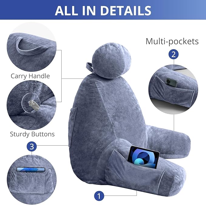 Sasttie Reading Pillow for Sitting in Bed Adult, Extra Large Back Pillow for Bed, Backrest Pillow with Detachable Head Support Cushion, College Dorm Essentials for Girls and Boys, Grey Purple