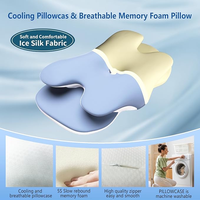 Cervical Neck Pillow for Pain Relief, Contour Memory Foam Pillow with Ice Silk Pillowcase, Neck Support Pillows, Ergonomic Orthopedic Pillow for Back, Side, Stomach Sleepers (Blue)