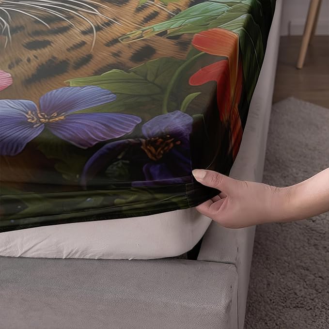 AILONEN Leopard Print Fitted Sheet Set Queen Size for Boys,Safari Cheetah Bed Sheet Set Queen, Jungle Animal Leopard Sheet Set 3 Pieces Wildlife Fitted Sheet with 2 Pillowcases