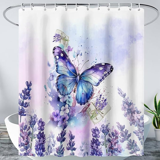 AILONEN Beautiful Butterfly Shower Curtain Bathroom 72" W*96" H Purple Butterfly Curtain Cloth Fabric Bathroom for Girls Kids,Deep Color Shower Curtain Set