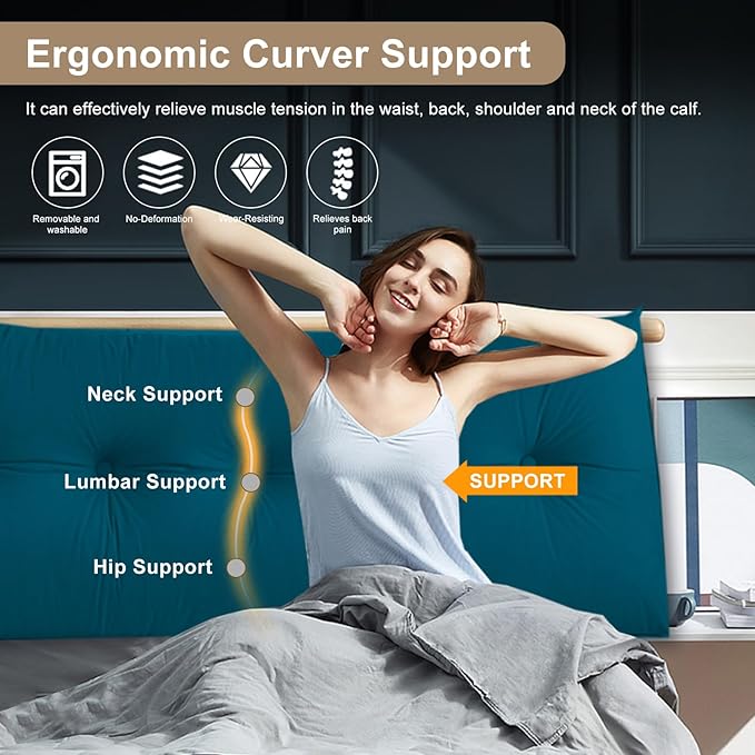 Large Triangular Headboard Pillows Long Backrest Positioning Support Bolster Cushion for Daybed Fluffy Quality Plush Body Wedge Pillow with Removable Cover(Navy blue-24x8x20in)