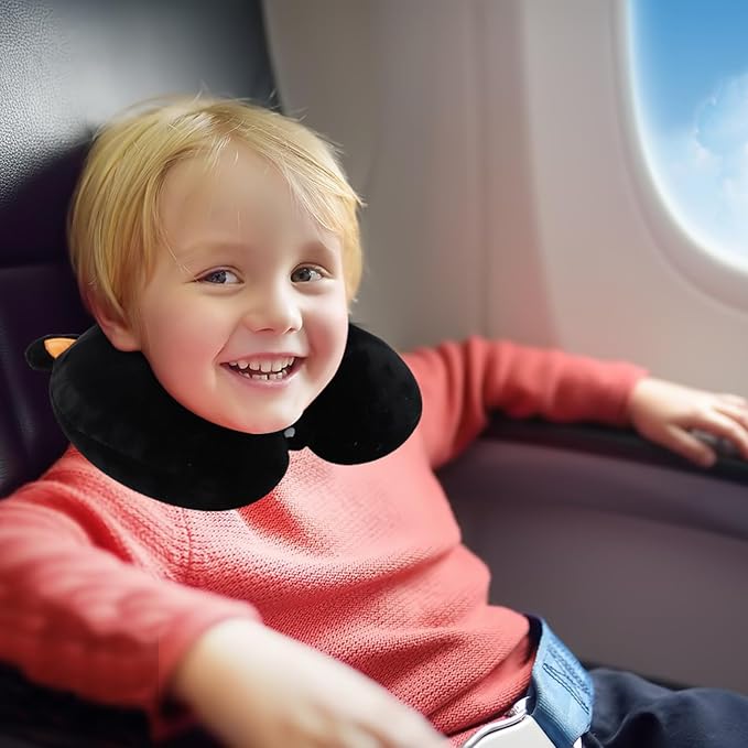 Kids Neck Pillow for Travel with Sleep Eye Mask, Cute Travel Neck Pillow, Memory Foam Cartoon Flight Sleeping Headrest Pillow for Boys & Girls, Airplane, Train, Car, Home Use - Smart Black Cat