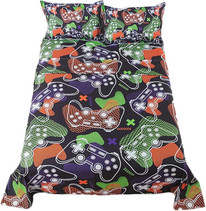 qjmiaofang Gamer Sheets Queen for Boys Gamer Sheet Set Video Game Bed Sheet Set 4Pieces Gaming Sheets Queen Gamer Fitted Sheet Gaming Bedding Set 1 Fitted Sheet 1 Flat Sheet 2 Pillowcase