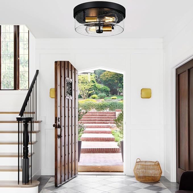 Flush Mount Ceiling Light Fixtures, 2-Light Black and Gold Ceiling Mount for Farmhouse with Seeded Glass Lampshade, Industrial Flush Mount Light Fixture for Hallway, Kitchen, Entryway and Foyer