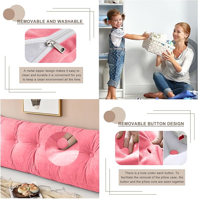Large Triangular Headboard Pillows Long Backrest Positioning Support Bolster Cushion for Daybed Fluffy Quality Plush Body Wedge Pillow with Removable Cover(Pink -Queen-59x8x20in)