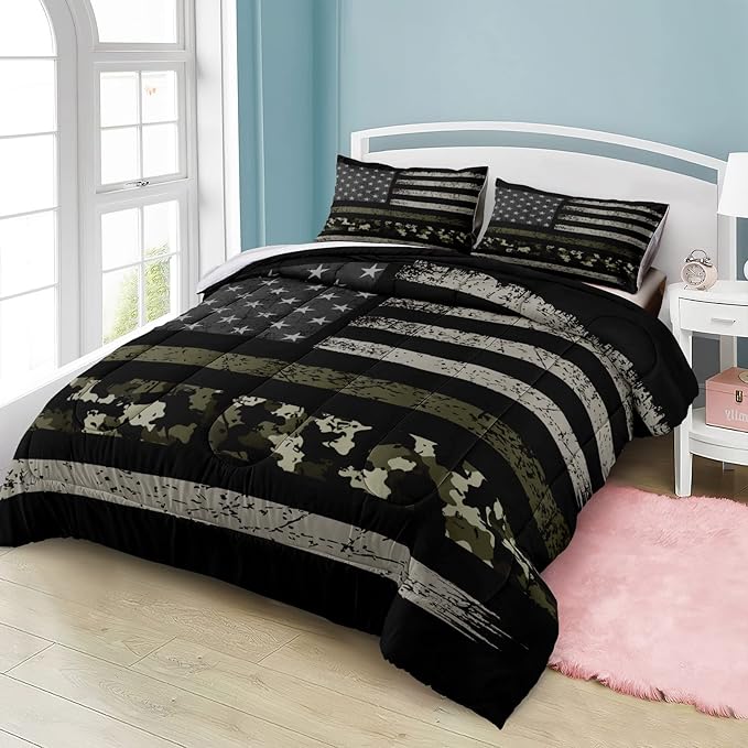 Bedbay American Flag Bed Comforter King Size Camo Comforter Set Black Grey Army Green Camouflage USA Flag Bedding Quilt Set Room Decor for Men 4 Pcs Soft & Lightweight Down Comforter (Camo,King)