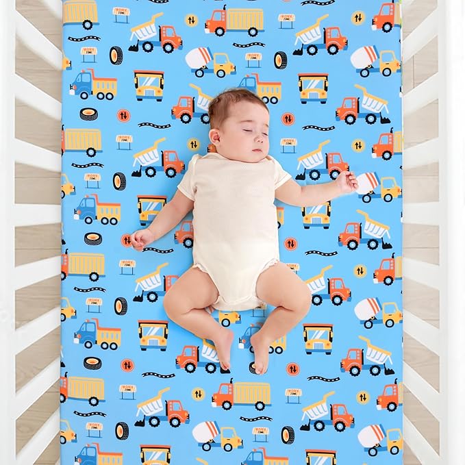 JISEN Baby Crib Sheets Soft Breathable Fitted Crib Sheets Baby Sheet for Standard Crib and Toddler Mattress Baby Bed Sheets for Crib for Baby Boys Girls Neutral 52x28 Inch Blue Trucks