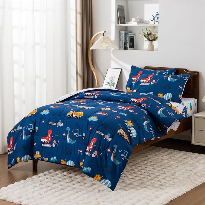 Meeting Story Construction Truck Car Full Comforter Set for Boys,5 Pieces Dinosaur Bedding Set with Sheets and Pillowcases，Excavator Lightweight Microfiber Bedding Sets（Blue，Full5pcs）