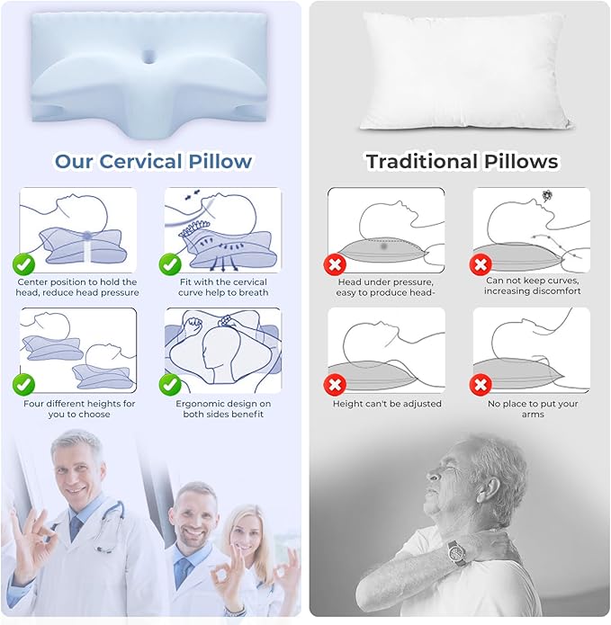Cervical Pillow for Neck Pain Relief, Cooling Contour Memory Foam Pillows Support Odorless Ergonomic Neck Pillow Adjustable Orthopedic Bed Pillow for Side Back Stomach Sleeper with Pillowcase