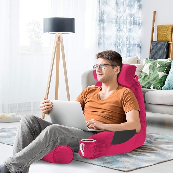 Nestl Reading Pillow Large Bed Pillow, Back Pillow for Sitting in Bed Shredded Memory Foam Chair Pillow, Reading & Bed Rest Pillows Hot Pink Back Pillow for Bed, Bed Chair Arm Pillow with Pockets