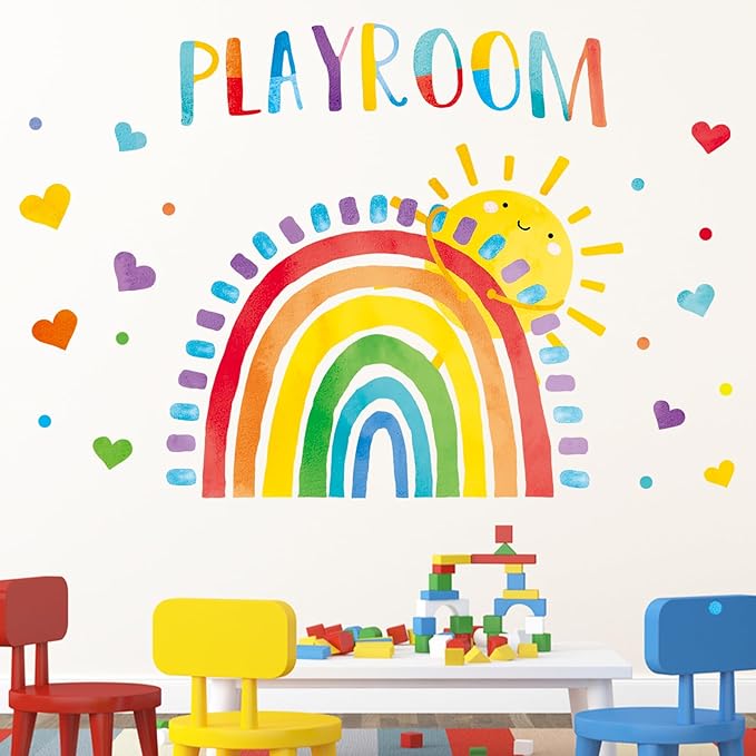 Mfault Playroom Rainbow Wall Decals Stickers, Watercolor Sun Love Hearts Nursery Decorations Kids Bedroom Art, Neutral Toddler Boy Girl Baby Living Room Classroom Decor