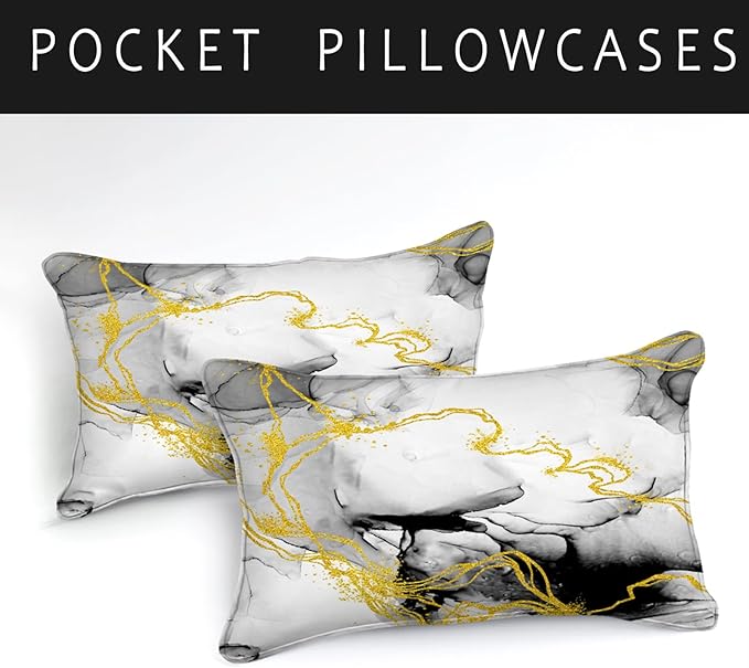 Bedbay Marble Comforter Set Queen Size Watercolor Bedding Black and Gold Bedding Duvet Set Abstract Marble Texture 4 Pieces Soft Microfiber Lightweight Down Alternative Comforter(Ink,Queen)