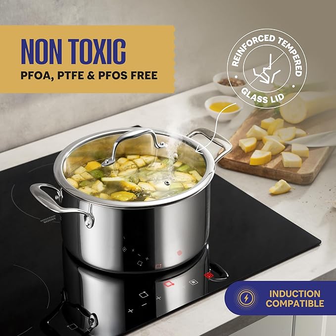 Legend 11-Pc 3 Ply Stainless Steel Cookware with Glass Lids, Full Clad, Induction, Non-Toxic, Oven Safe - Best 18/0 Professional Chefs Quality Pots and Pans Set - PFOA, PTFE & PFOS Free