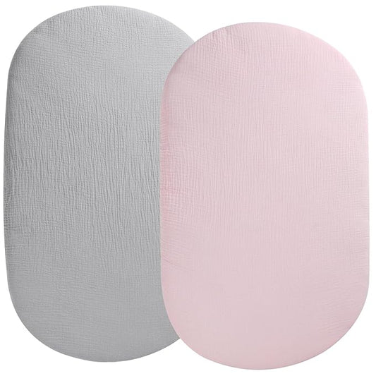 Muslin Bassinet Sheet Compatible with Snoo Smart Sleeper, Dream On Me Lacy Portable, Safety 1st Sleeper Bassinet, 2 Pack Cotton Fitted Bassinet Sheets for Baby Grey & Pink