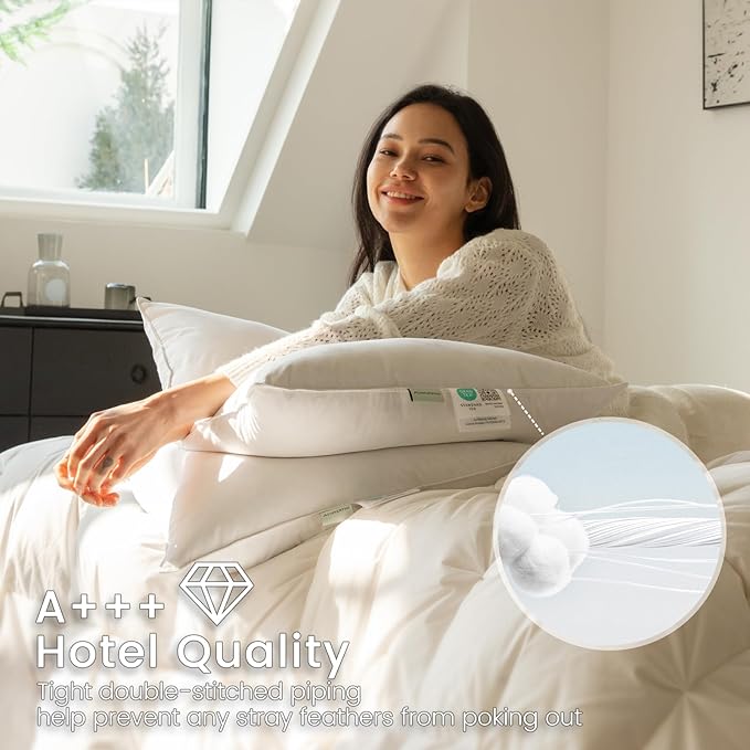 Alanzimo Medium Firm Feather Goose Down Pillows Cal King Size Set of 2, Luxury Feather Down Pillow for Sleeping, 600TC Organic Cotton Cover Hotel Collection Bed Pillows(White,20x40)