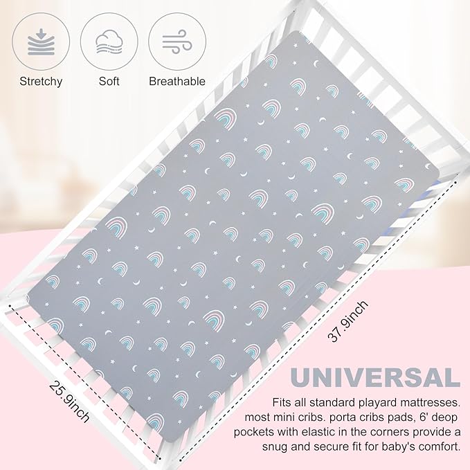 Pack n Play Fitted Sheet .2 Piece Mini Crib Sheet Stretch Playard Sheet Portable Sheet Set. Elastic Convertible Playard Sheet Set Compatible with Graco Pack n Play (Rainbow and Dinosaur Park)
