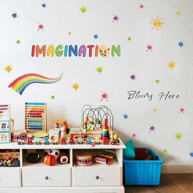 LHIUEM Colorful Imagination Kids Wall Stickers Blooms Here 46 PCS Splatter Splotches Wall Decals for Classroom Rainbow Contact Paper Watercolor Sun Star Wallpaper for Boys Girls Playroom Bedroom Nursery