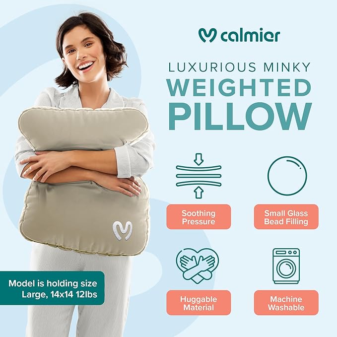 Calmier - 6 lb Sensory Weighted Pillow - Glass Bead Filled Hug Pillow - Ultra Plush Cozy Weighted Pillows for Adults and Kids - Child Sensory Pillow - Weighted Lap Pad (Tan - Minky, 6 LBS)
