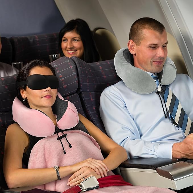 Travel Pillow and Blanket Set Neck Pillows Travel Essentials with Sleep Mask for Airplane Car Memory Foam Black