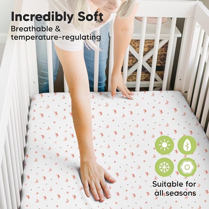Pack and Play Sheets Fitted, 2-Pack Mini Crib Sheets - Pack N Play Sheets, Organic Fitted Crib Sheet for Pack and Play Mattress, Playard Baby Crib Sheets, Crib Sheets Neutral for Boys (Butterflies)