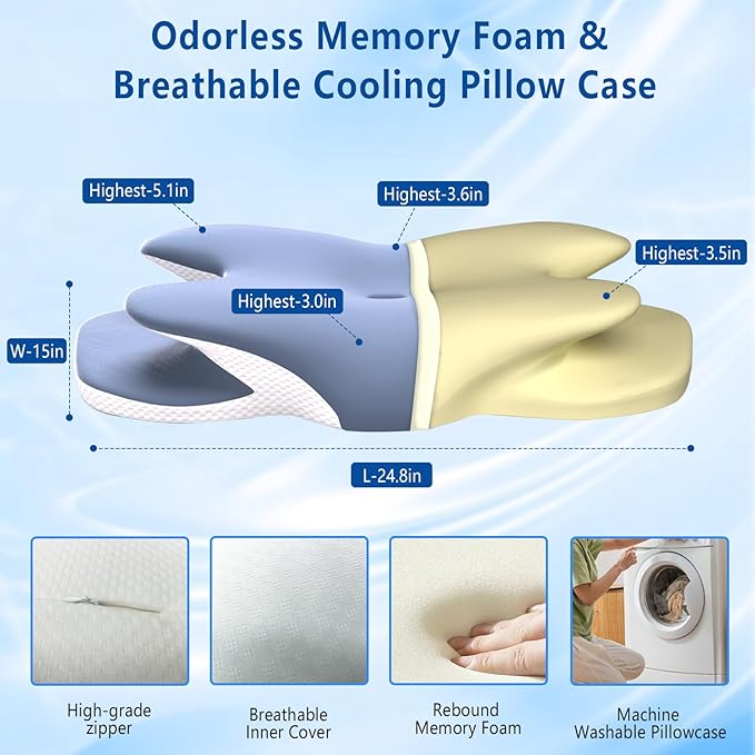 Cervical Pillow for Neck Back Pain Relief Memory Foam Contour Pillow Ergonomic Orthopedic Neck Pillow for Sleeping Cervical Support Pillow for Back Side Stomach Sleeper Cooling Pillowcase (Blue)