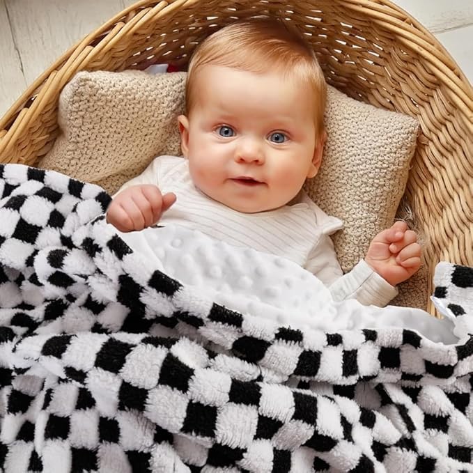 Soft Checkered Baby Blankets for Unisex Girls or Boys Breathable Gender Neutral Nursery Double Layer Blankets with Dotted Backing for Newborn Toddlers (30” X 40”)