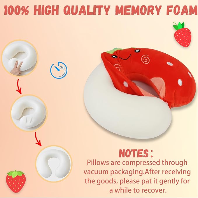 Kids Neck Pillow for Travel with Sleep Eye Mask, Cute Travel Neck Pillow, Memory Foam Flight Sleeping Headrest Pillow for Boys & Girls, Airplane, Train, Car, Home Use - Red Strawberry