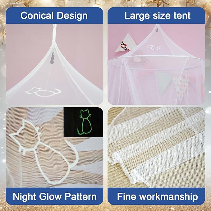 Daksha White Princess Bed Canopy for Girls with Glowing Cats, White Room Decor, Ceiling Tent for Kids, Fits Twin, Full and Queen Size Beds