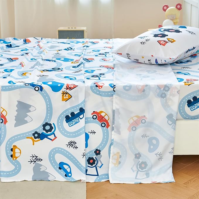 RYNGHIPY Kids Full Bed Sheets: Cars Print Sheets Set for Boys - Breathable Wrinkle Free Microfiber Flat Sheet Fitted Sheet and Pillowcases (White,Full)
