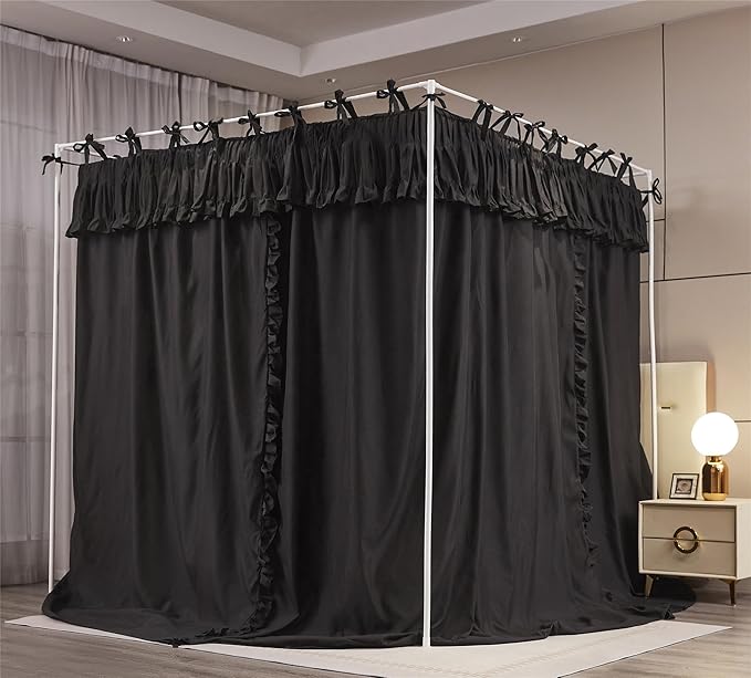 4 Corners Post Princess Ruffle Curtain Bed Canopy Lace Up Elastic Cozy Breathable Tent Mosquito Net for Girls Bedroom Decoration(Black, 70-78" W*86" L*82" H/King)